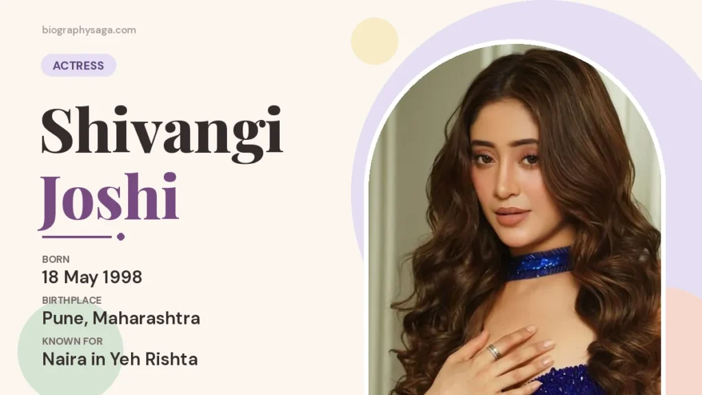 Shivangi Joshi in a blue sequinned outfit and choker, with her date of birth and birthplace