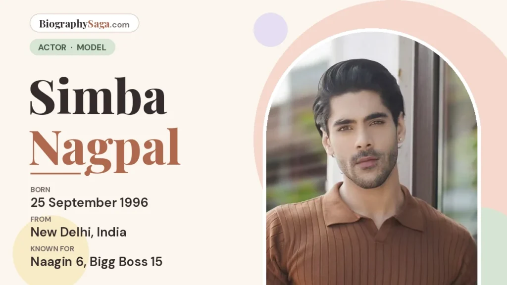 Simba Nagpal in a brown ribbed knit polo, with his date of birth and birthplace