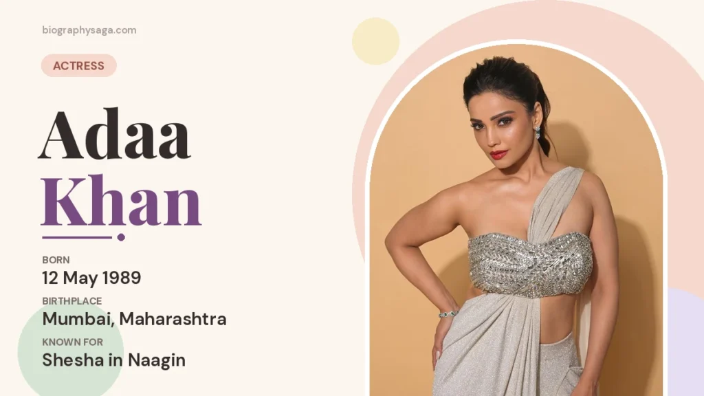 Adaa Khan in a silver embellished drape saree, with her date of birth and birthplace