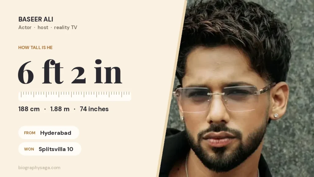 Baseer Ali in tinted glasses, height 6 ft 2 in (188 cm)