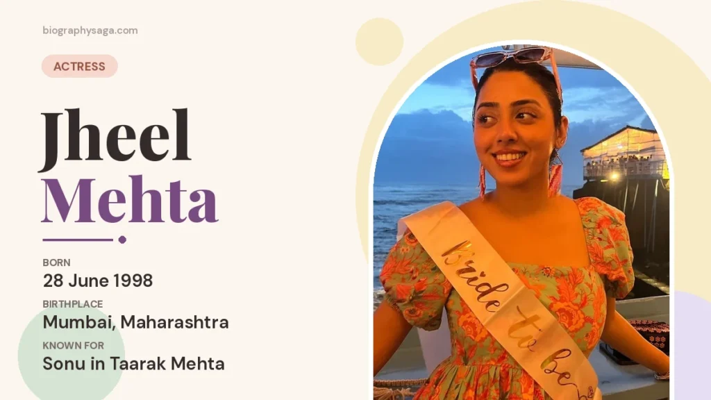 Jheel Mehta smiling by the sea in a floral dress, with her date of birth and birthplace